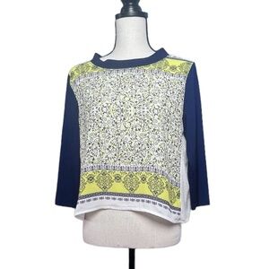 Belissa Women 3/4 Sleeve Top Sz 36/S White Blue Yellow Refer To Chart Pre-owned